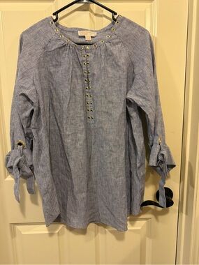 Michael Kors Linen Blue Tie-Sleeve Women’s Top with gold details